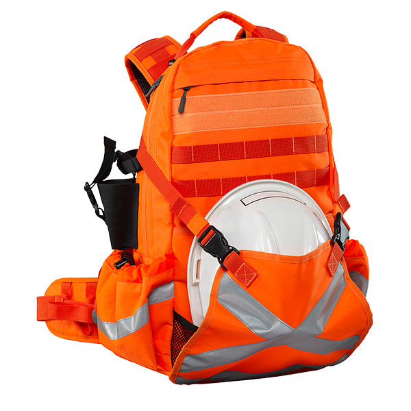 Caribee Mineral King 32L high visibility orange backpack with helmet holder